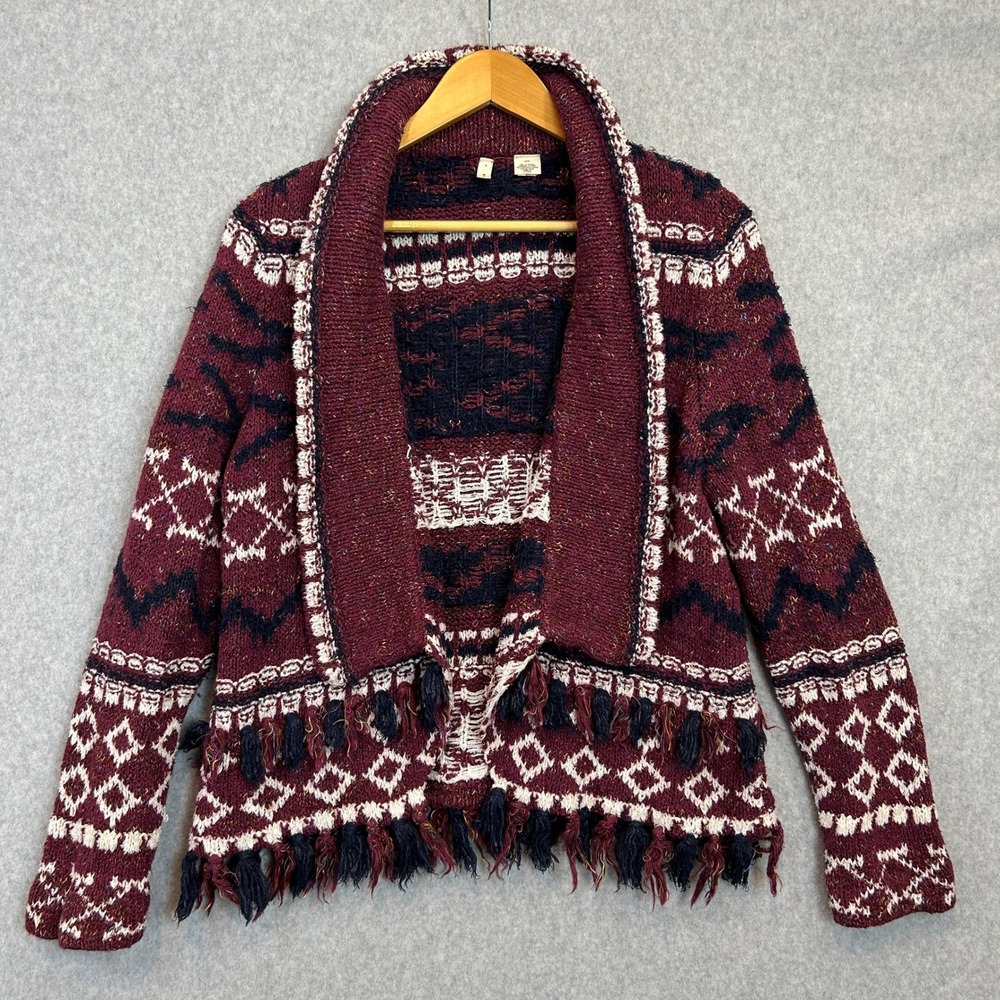 Moth Anthropologie Cardigan Sweater Burgundy Southwestern Fringe Tassel Medium